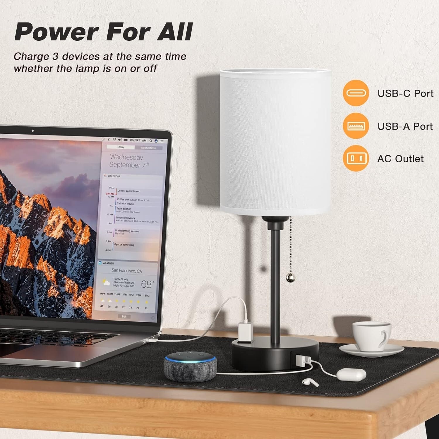 Elegant Black & White Bedside Table Lamps with USB & AC Outlet - 3 Color Modes