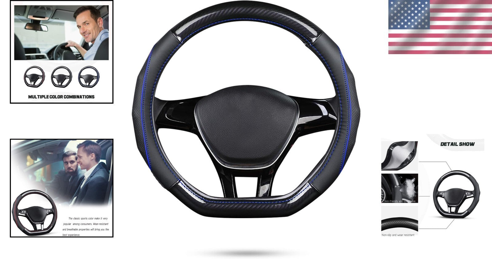 Elegant Black & Blue D-Shape Steering Wheel Cover - Premium Carbon Fiber Design