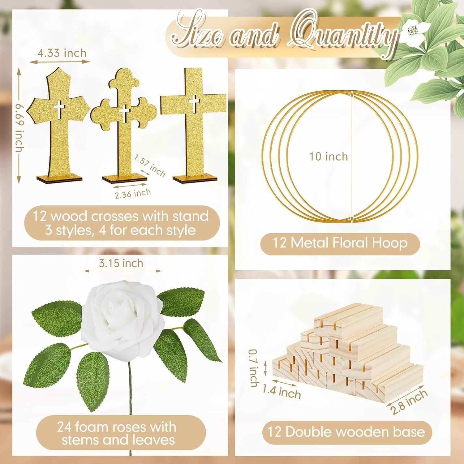 48 Pcs Gold & White Baptism Centerpieces: Wood Crosses, Floral Hoops & Roses