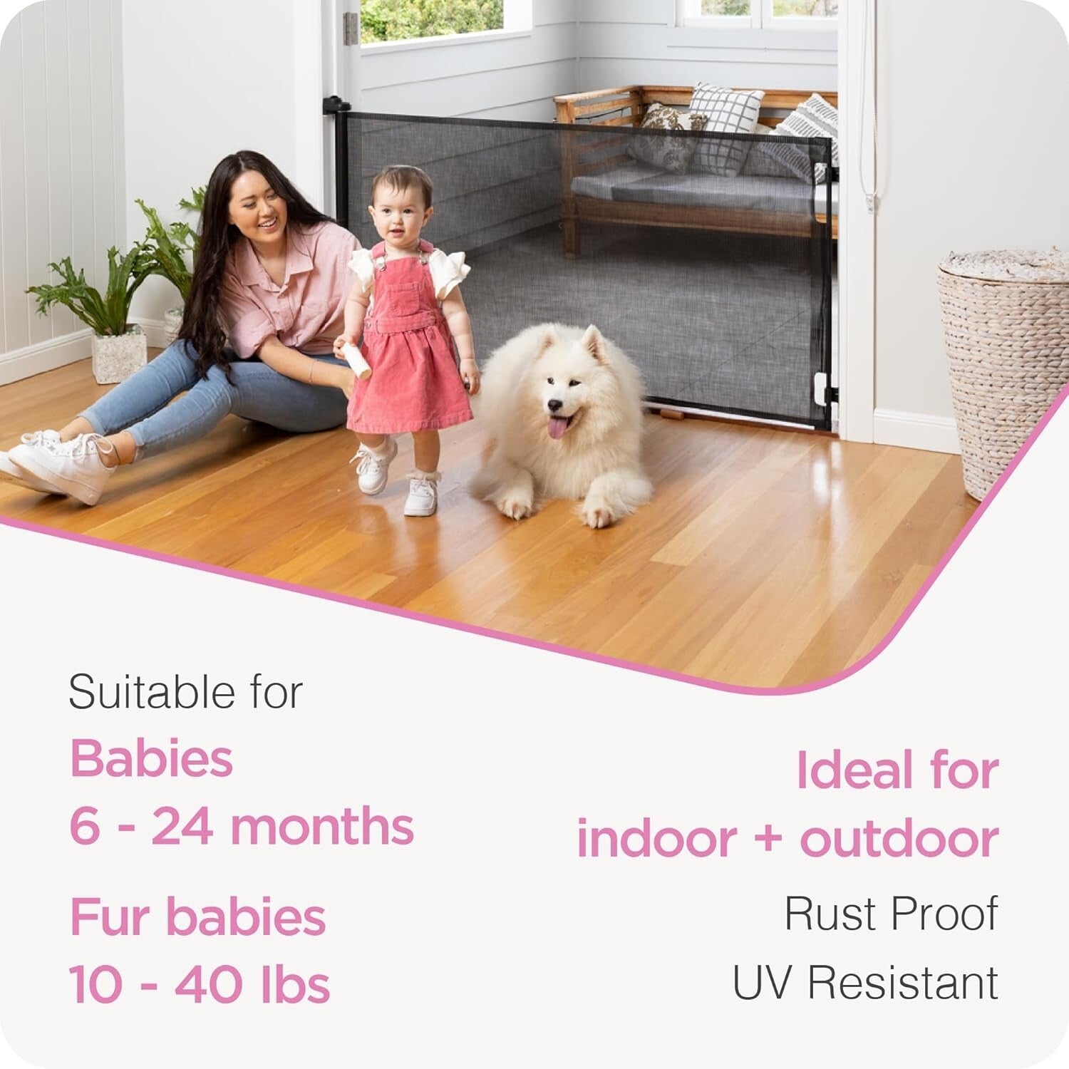 33" Tall Retractable Gate - Perfect for Pets & Infants, 3-Way Locking System