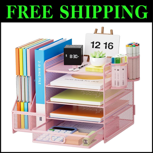 Elevate Your Office with a 5-Tier Pink Mesh Desk Organizer and Storage Drawer