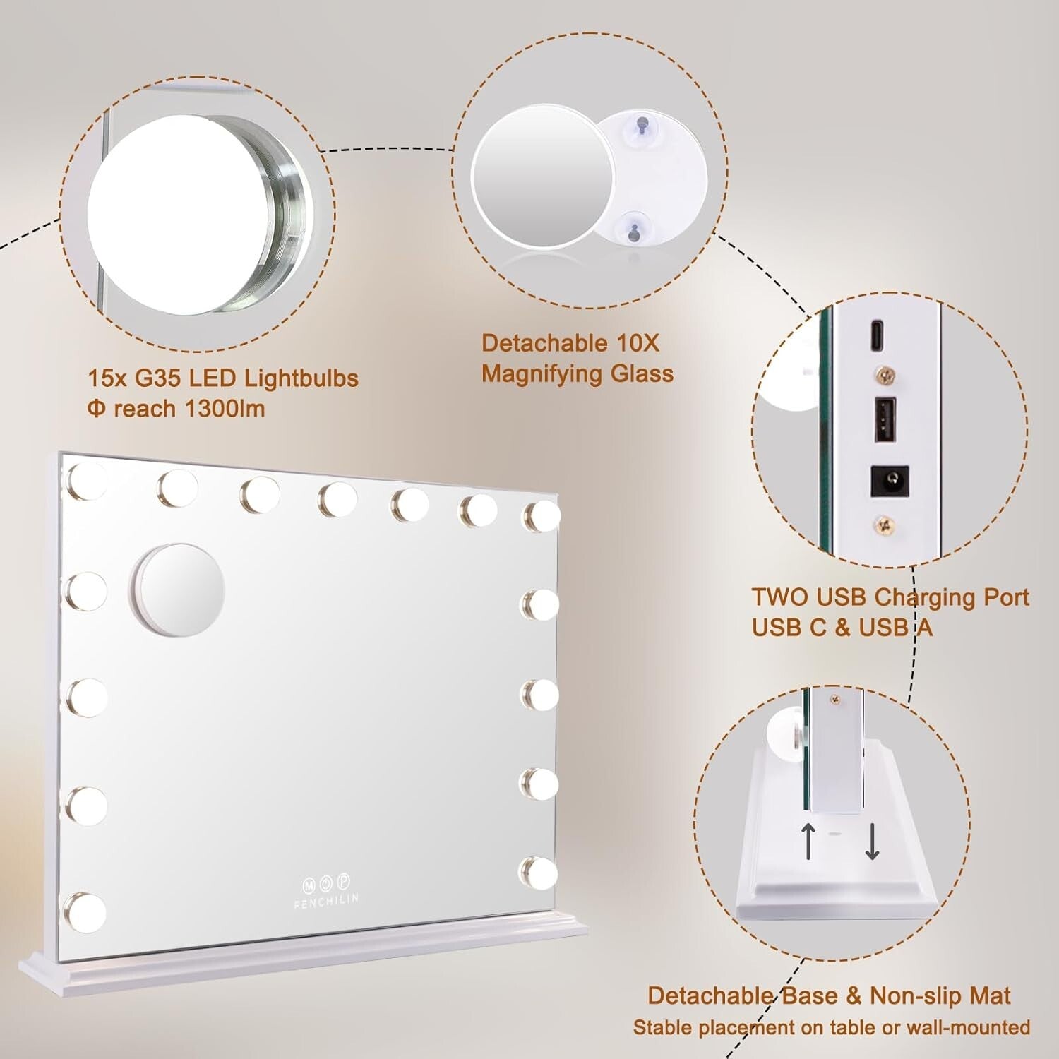 Elegant Dimmable Vanity Mirror with Touch Controls & 10X Magnifying Feature