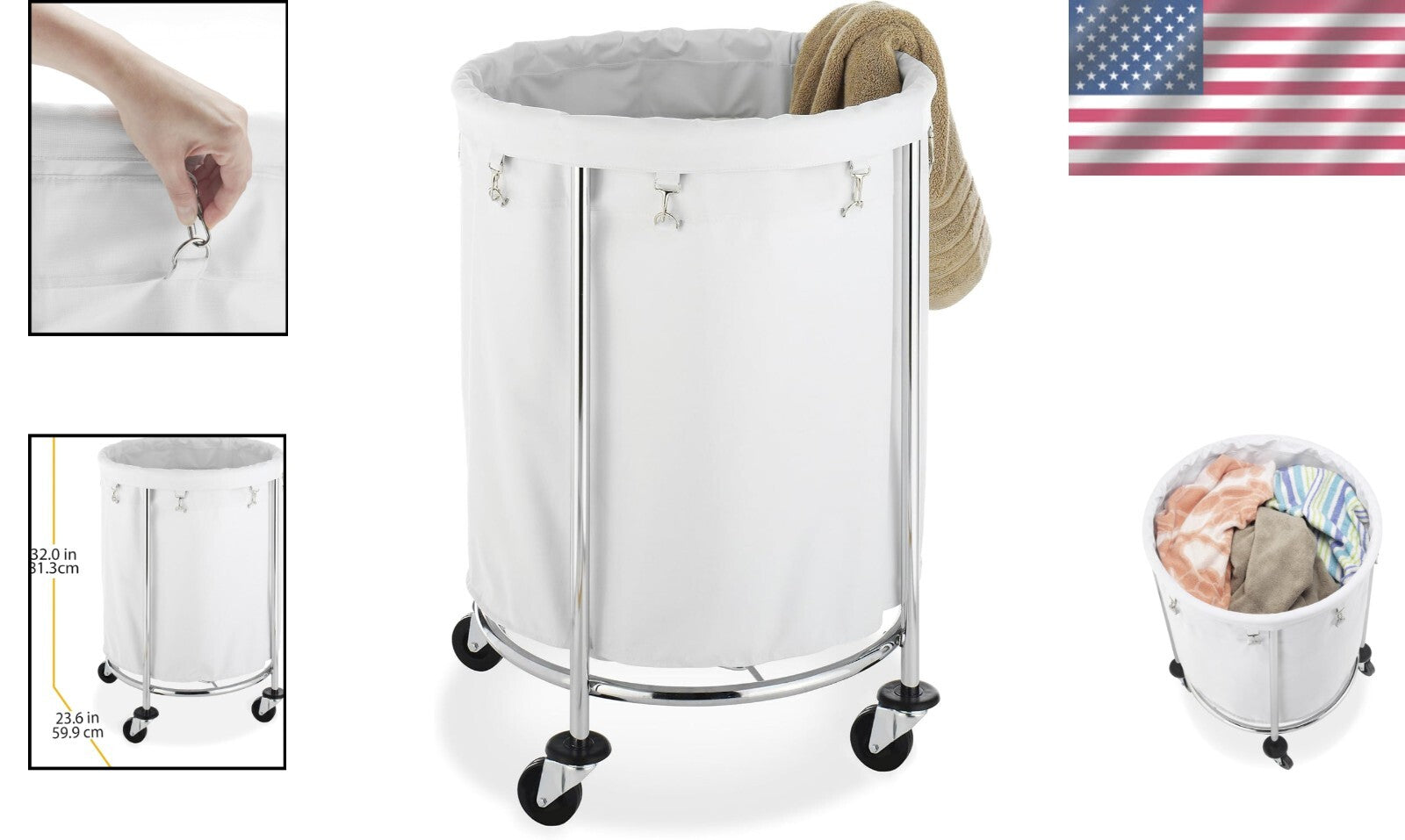 Chrome Heavy Duty Laundry Hamper with Removable Liner and Wheels - 50L
