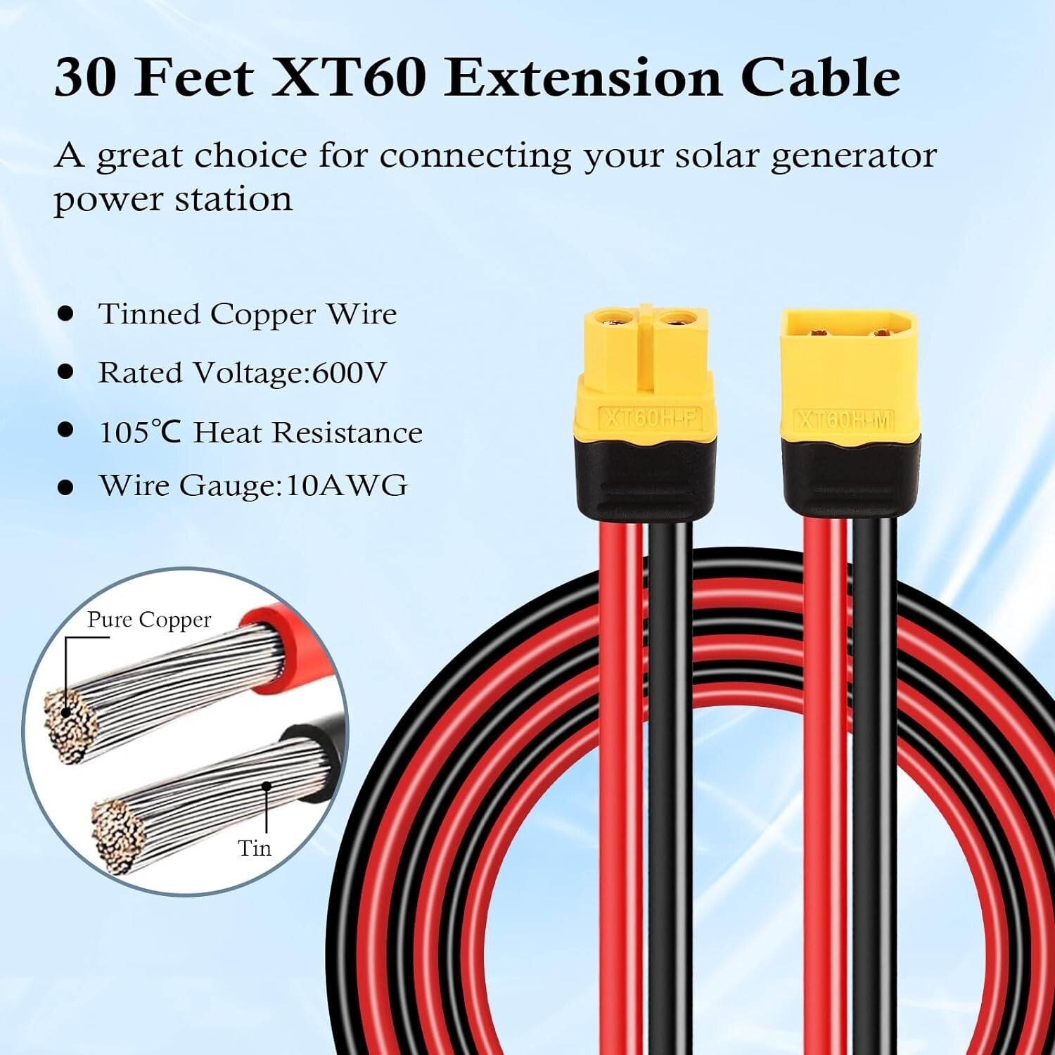 Premium XT60 10AWG Extension Cable – Male to Female, Ideal for RC and Solar Use