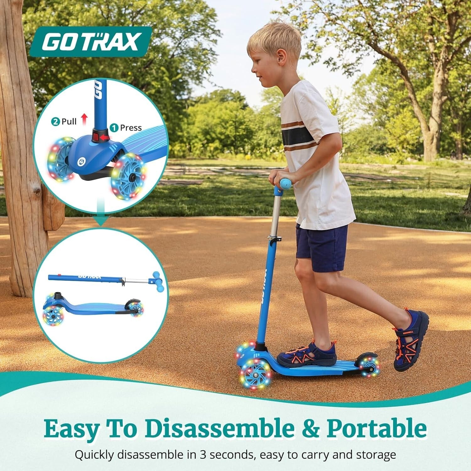 Blue Kids Kick Scooter - 3 Wheels, Adjustable Height & Rear Brake for Safety