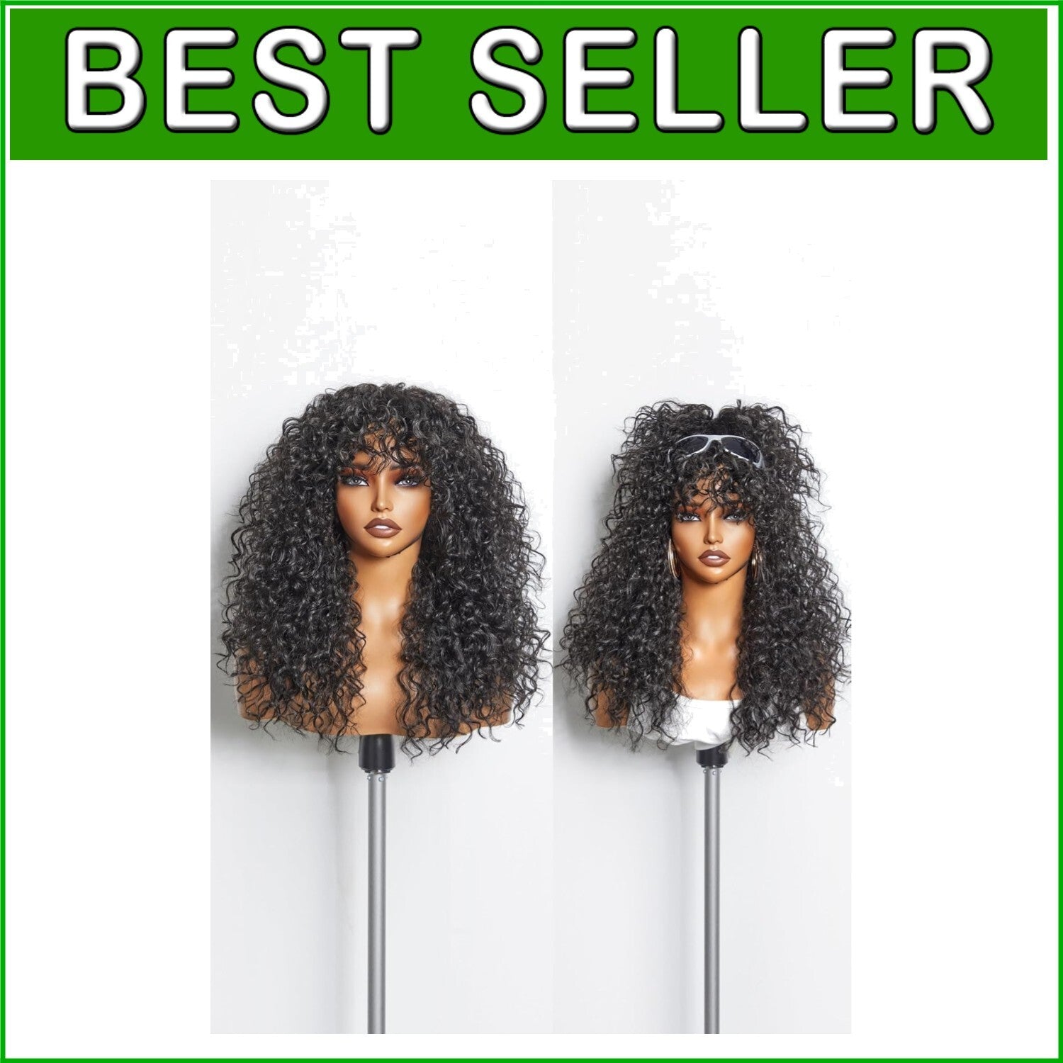 Effortless Style: 20-Inch Glueless Black Curly Wig with Face-Framing Bangs