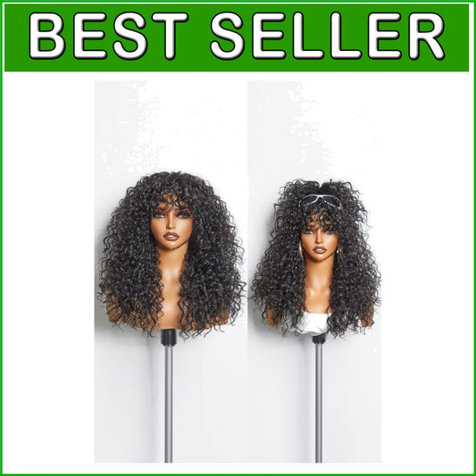 Effortless Style: 20-Inch Glueless Black Curly Wig with Face-Framing Bangs