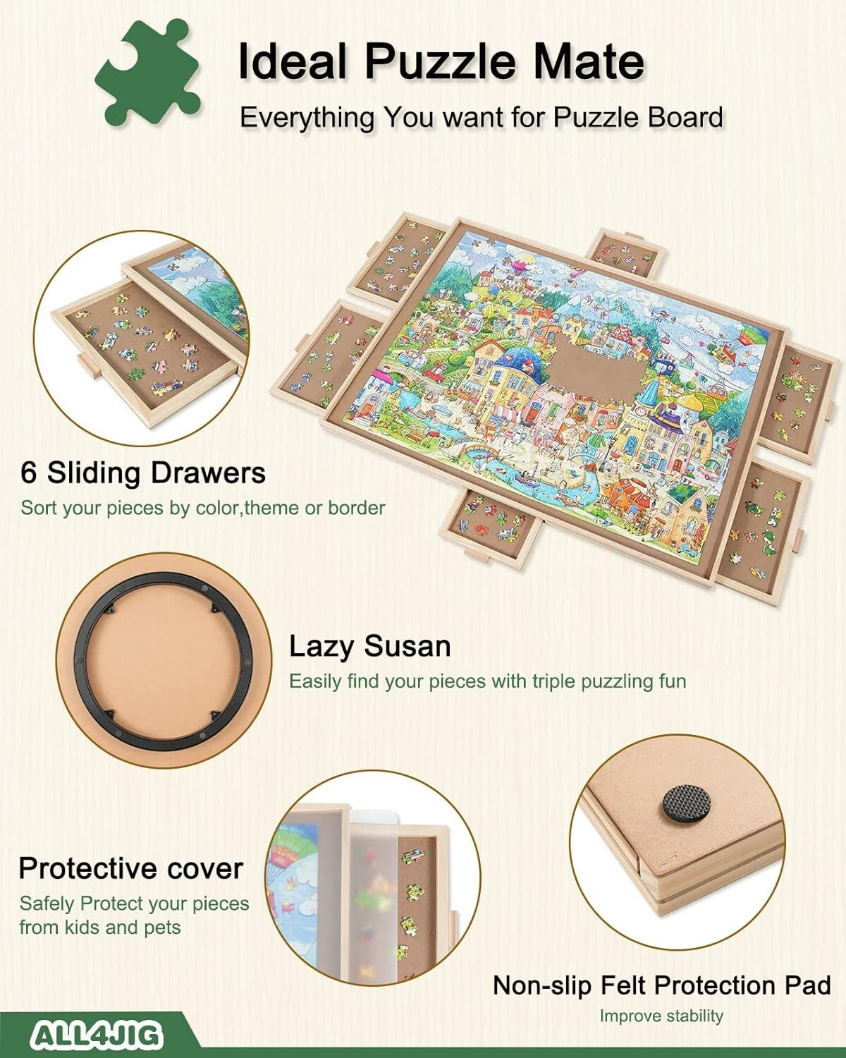 2000-Piece Rotating Wooden Puzzle Board with 6 Drawers & Lazy Susan - Portable