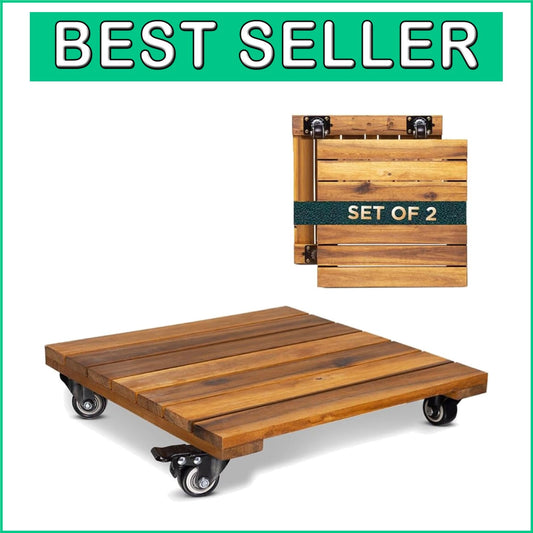 Elevate Your Gardening with 2-Pack 14 Inch Acacia Plant Caddies on Wheels