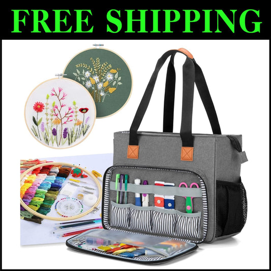 Heavy-Duty Gray Embroidery Project Bag with Padded Storage & Multiple Pockets