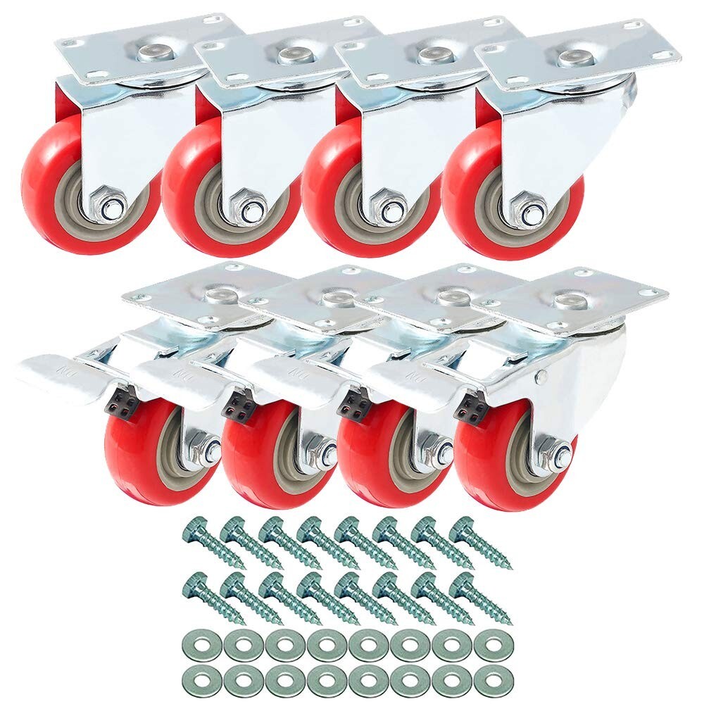 8-Pack 3-Inch Caster Wheels with Brakes - Red Polyurethane for Furniture & Cart