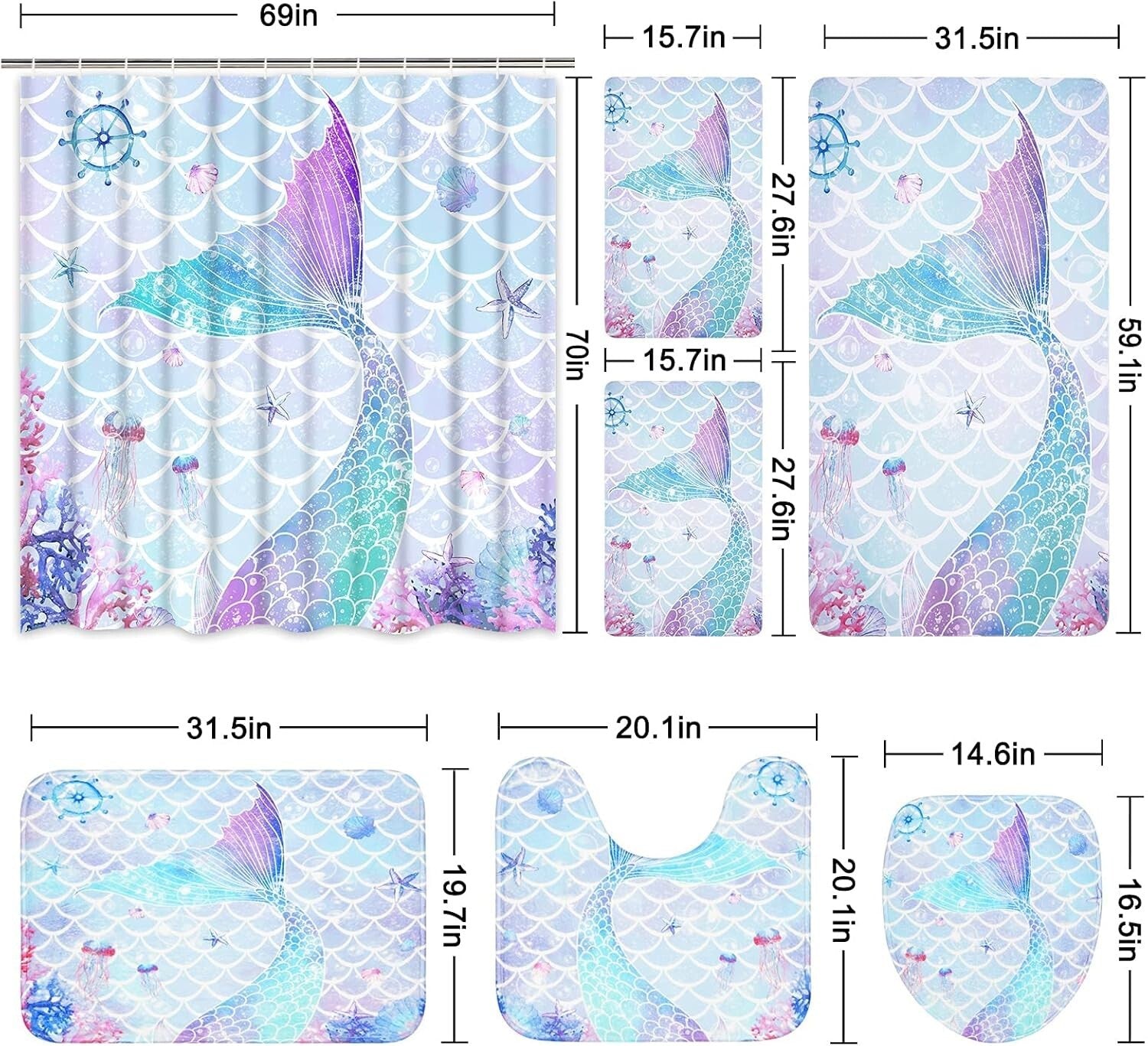 Delightful 7-Piece Mermaid Bathroom Set: Shower Curtain, Rugs & Towels Included