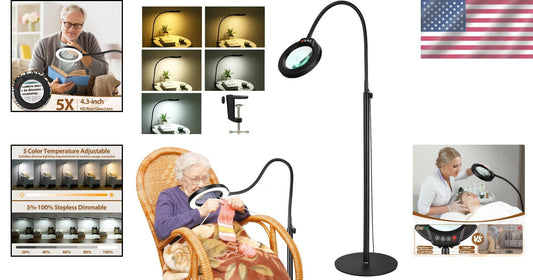 Ergonomic Magnifying Floor Lamp with 5X Lens and Adjustable Lighting Features