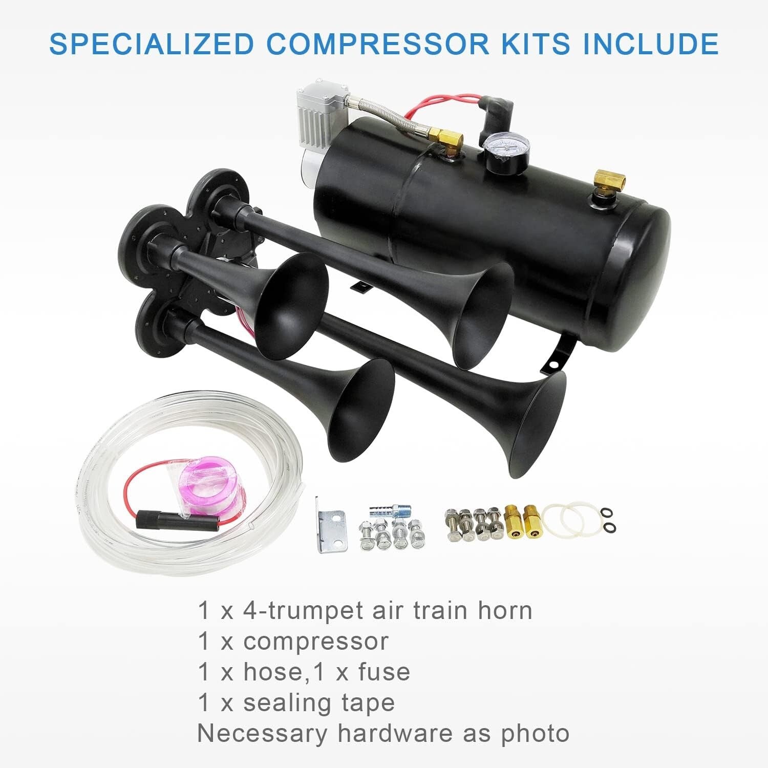 Super Loud 4 Trumpet Air Horn Kit with 150 PSI Compressor for Trucks and SUVs