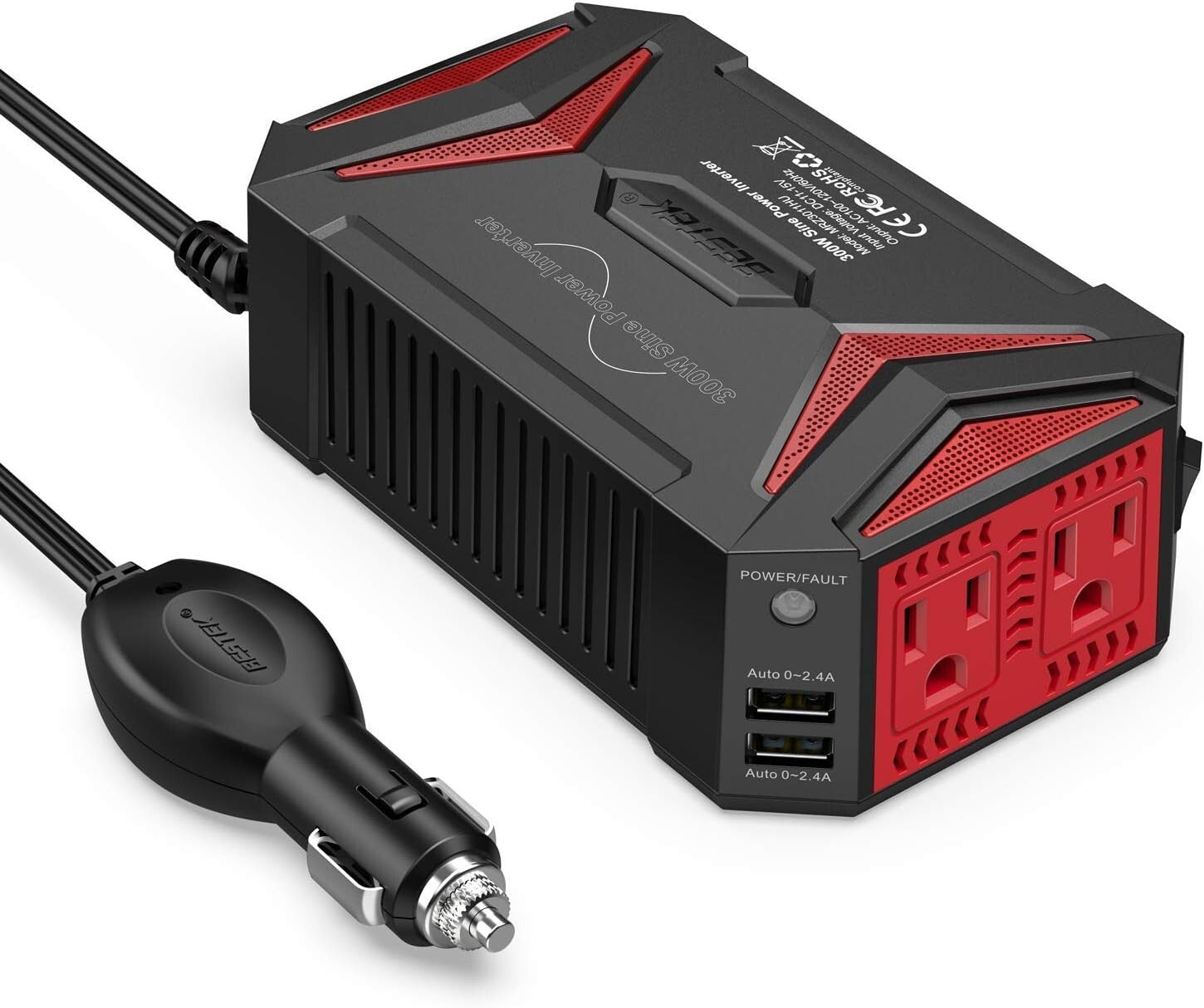 300W Vehicle Power Inverter with 2 AC Outlets and 4.8A USB Charging Power