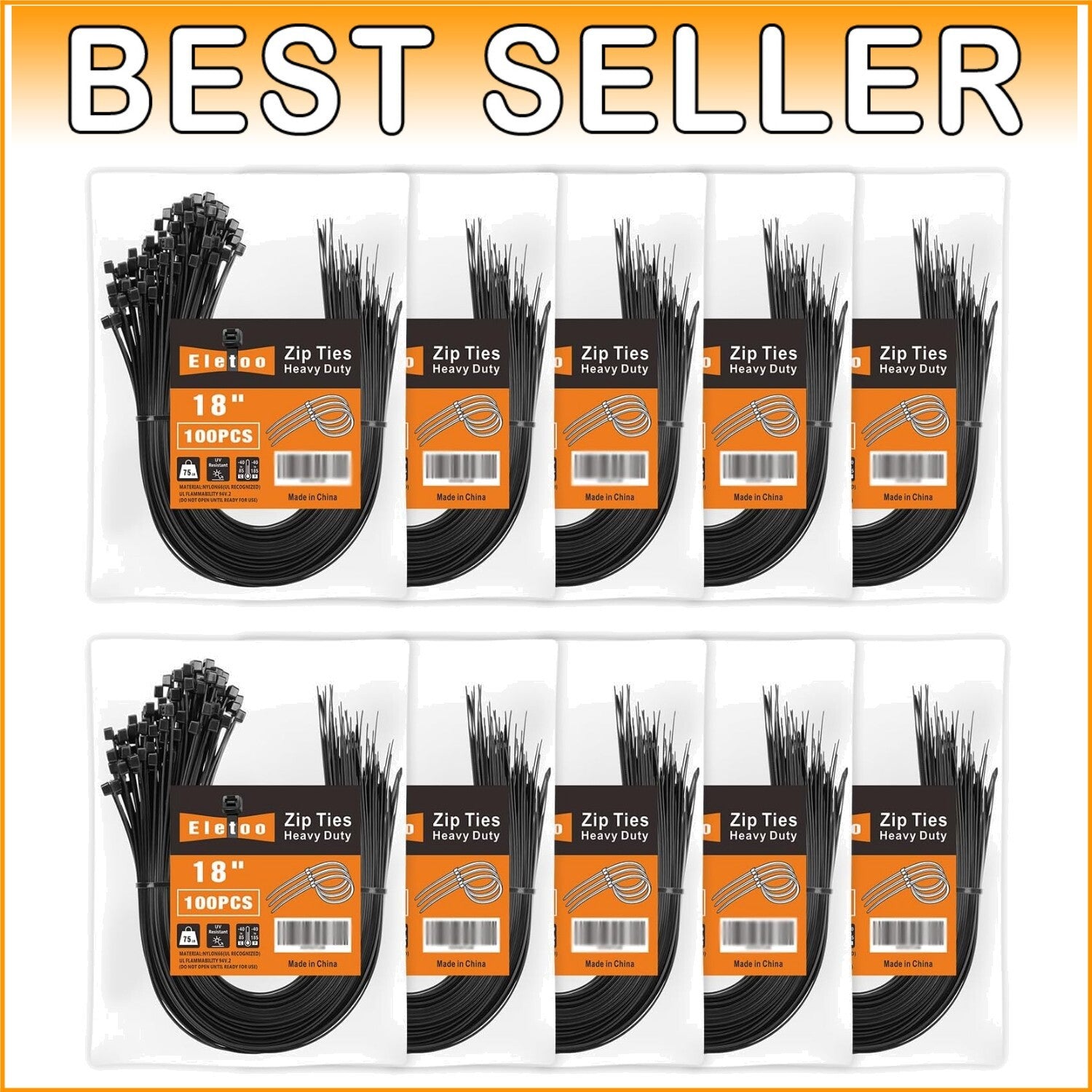 Durable 18 Inch Black Zip Ties - 1000 Pack With UV and Fireproof Properties