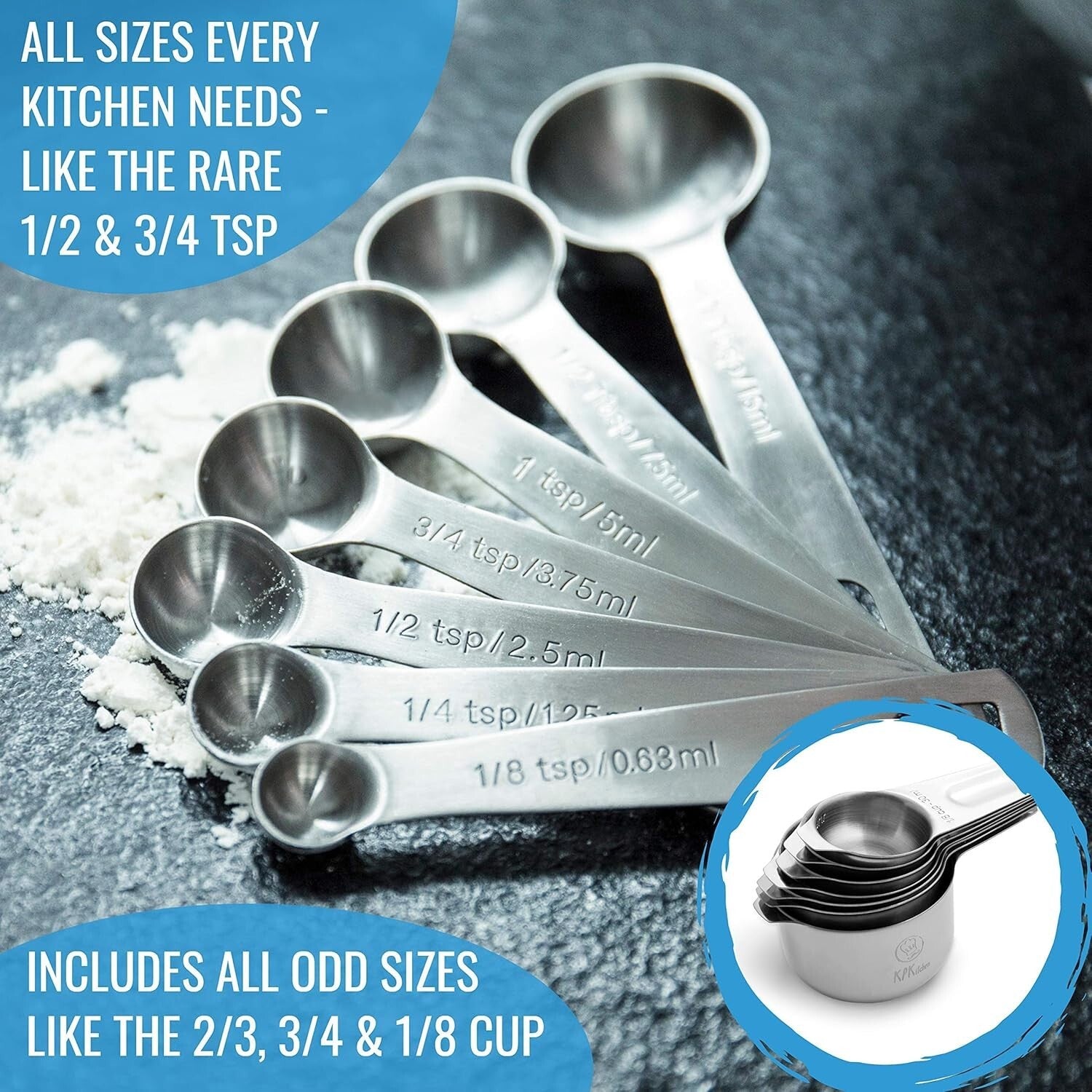 Complete Set of 16 Stainless Steel Measuring Cups & Spoons with Conversion Chart