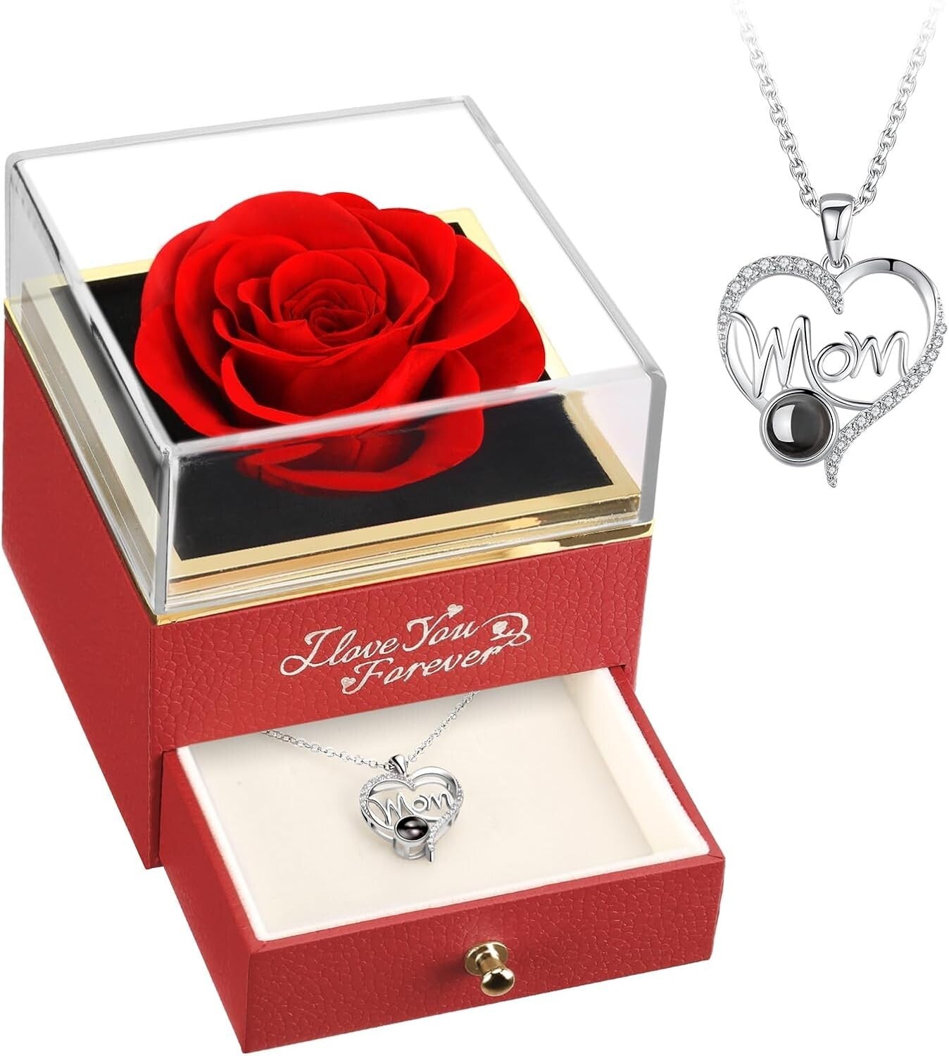 Luxurious Preserved Red Rose & 'I Love You' Necklace - Forever Love Gift for Mom