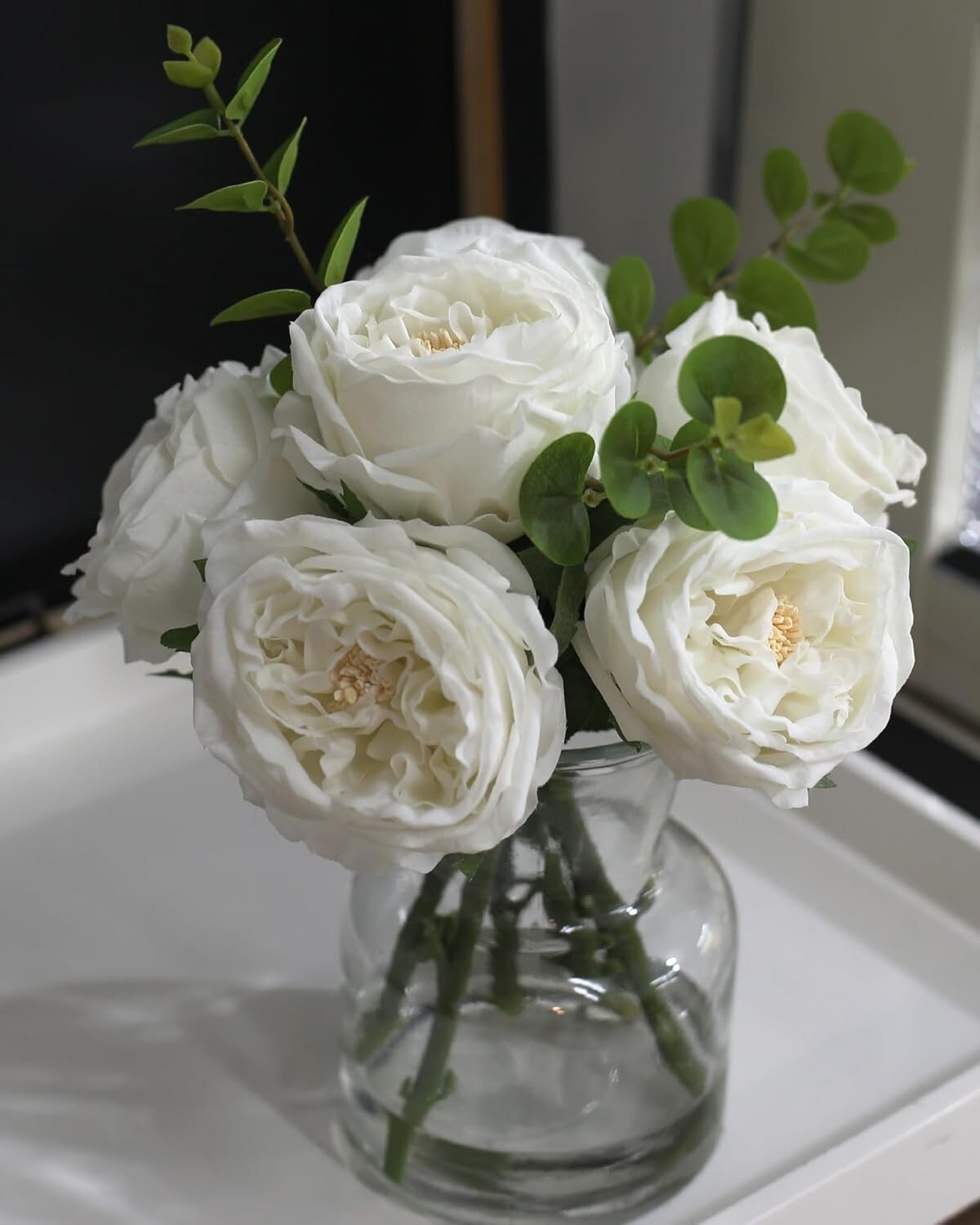 Elegant Artificial White Roses with Glass Vase - Lifelike Table Centerpiece