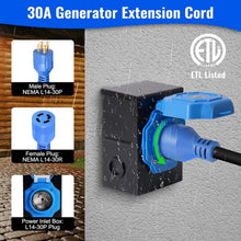 Load image into Gallery viewer, ETL Certified 30 Amp 30 FT Generator Extension Cord with Pre-Drilled Inlet Box