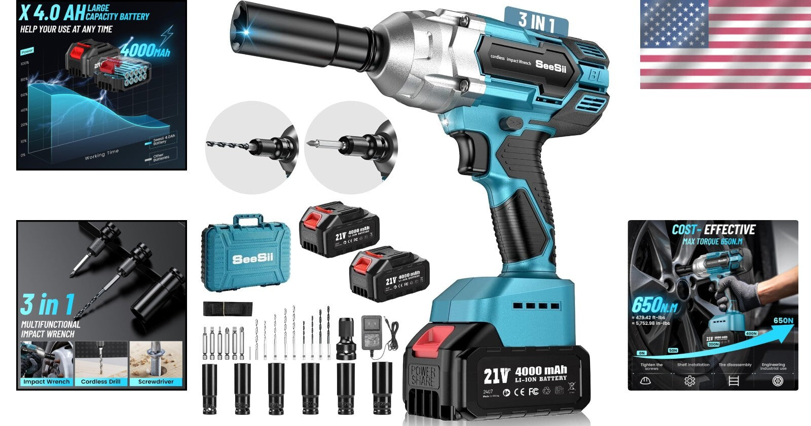 479 Ft-lbs Cordless Impact Wrench - Complete Set with Sockets & Charger Included