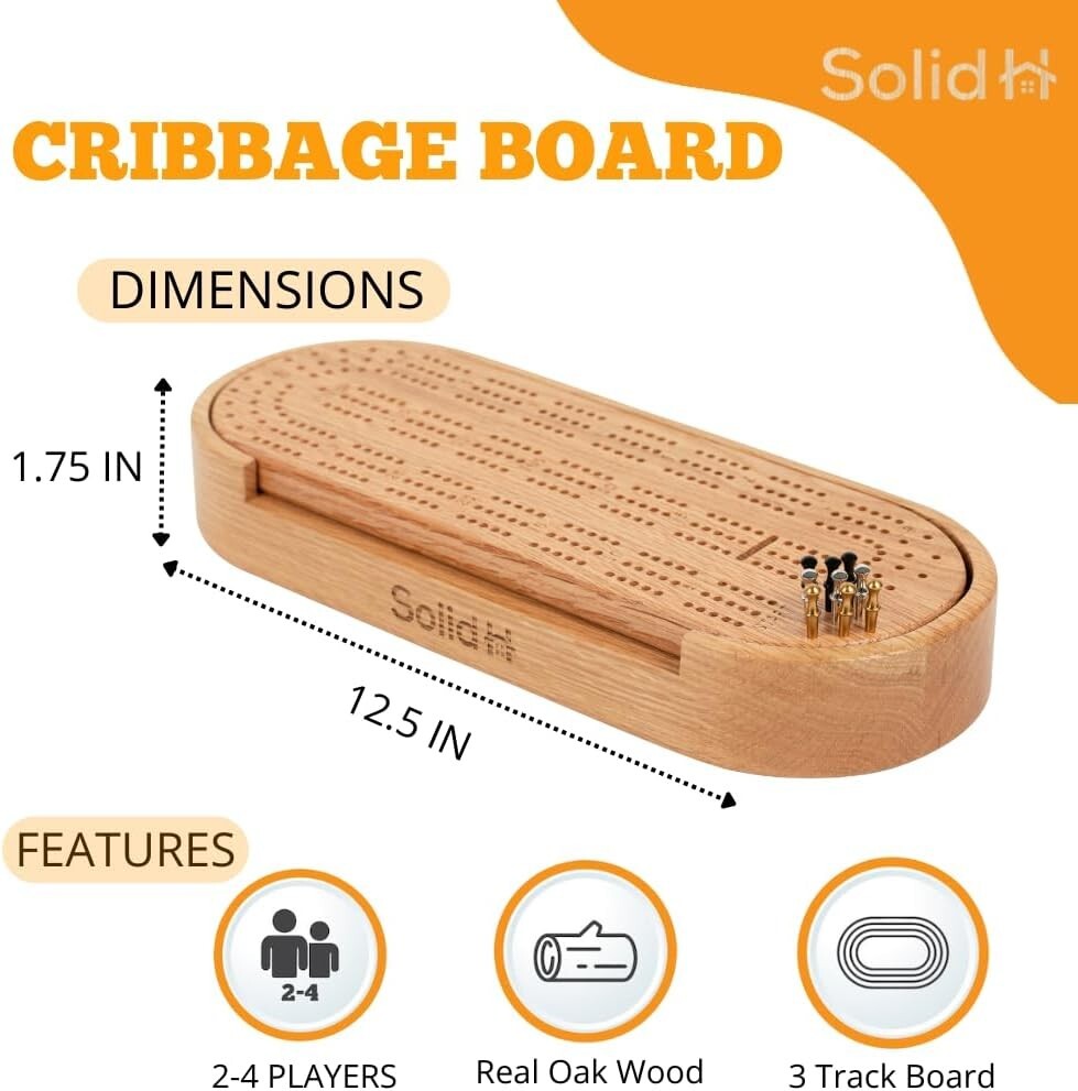 Luxury Oak Wood Cribbage Board Set - Complete with Cards, Pegs & Instructions
