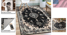 Load image into Gallery viewer, 3'x5' Washable Black Floral Rug - Boho Area Rug for Stylish Living Spaces
