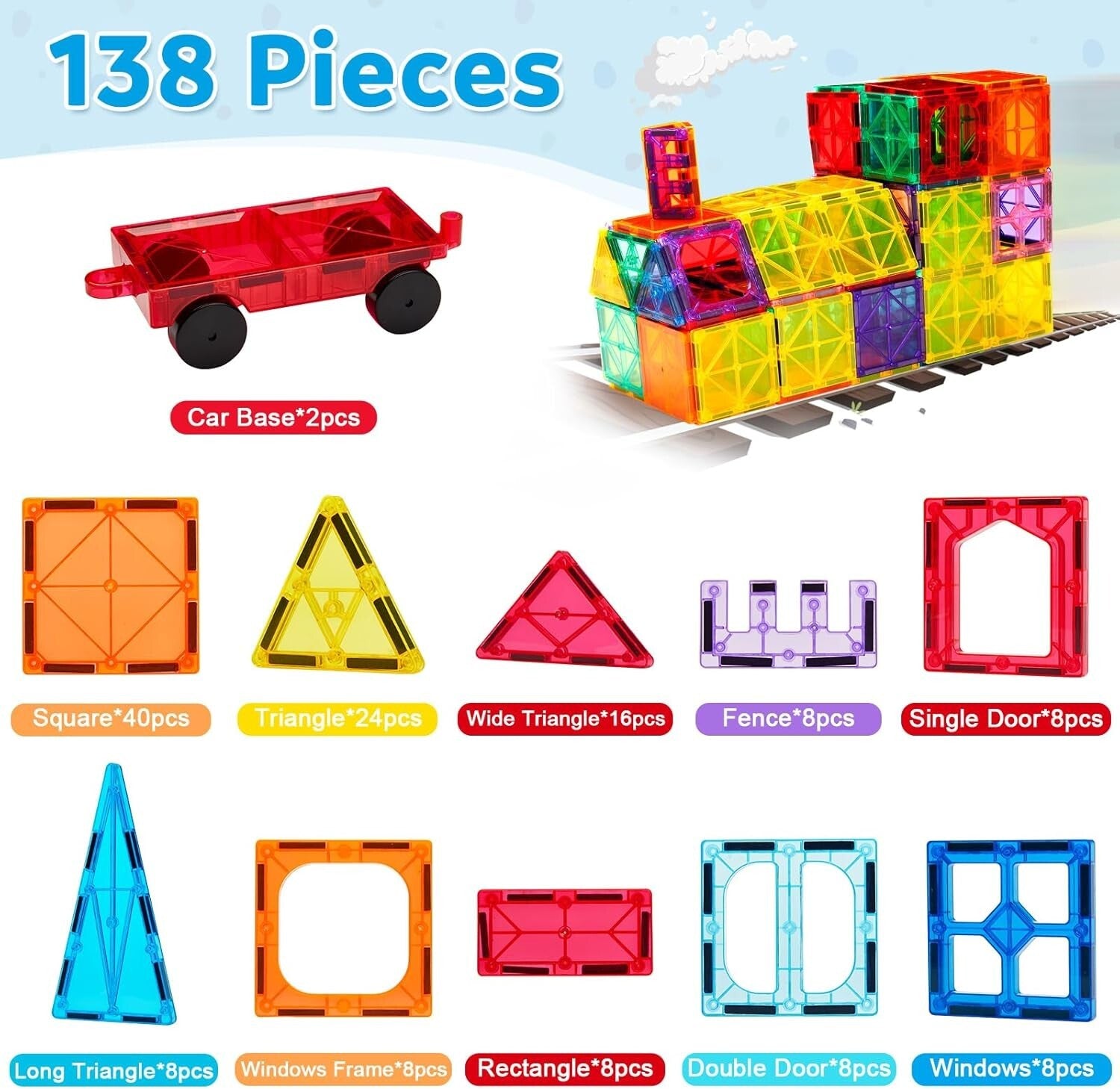 138PCS Magnetic Building Tiles with 2 Cars - STEM Educational Toy for Ages 3-9