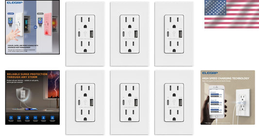 Tamper Resistant USB Outlets with Dual Ports - Easy Install 6 Pack, Matte White
