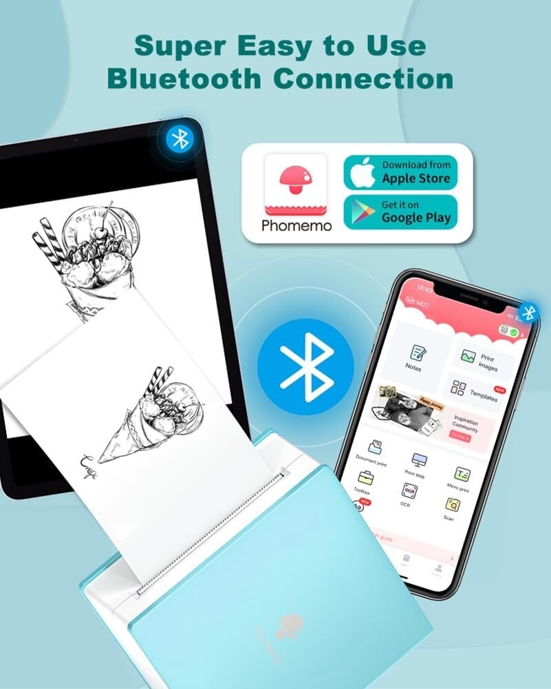 Cyan Mini Bluetooth Sticker Printer - Thermal Print Pods with 3 Paper Rolls