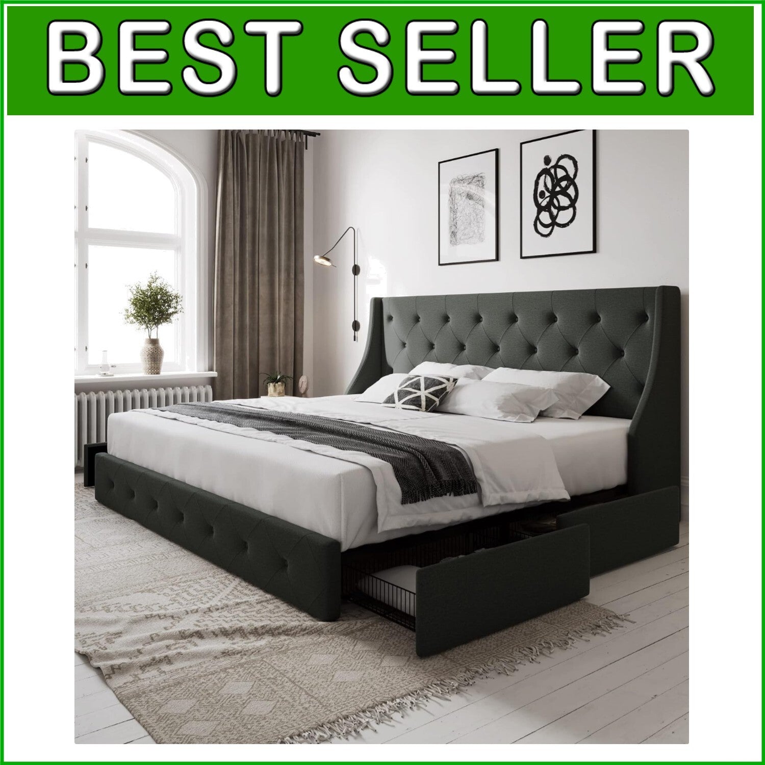 Durable Linen King Bed Frame with 4 Under-Bed Storage Drawers - Fade Resistant