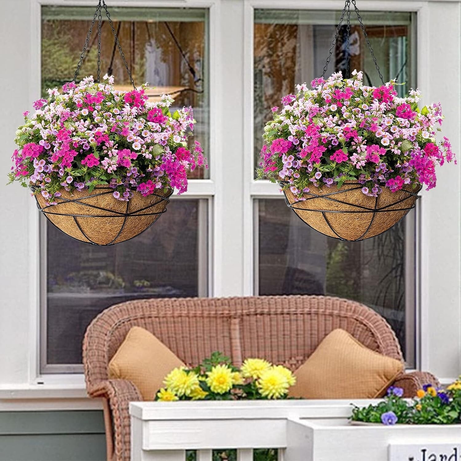 Elegant 4 Pack 14 Inch Hanging Flower Baskets with Coco Liner for Outdoor Plants