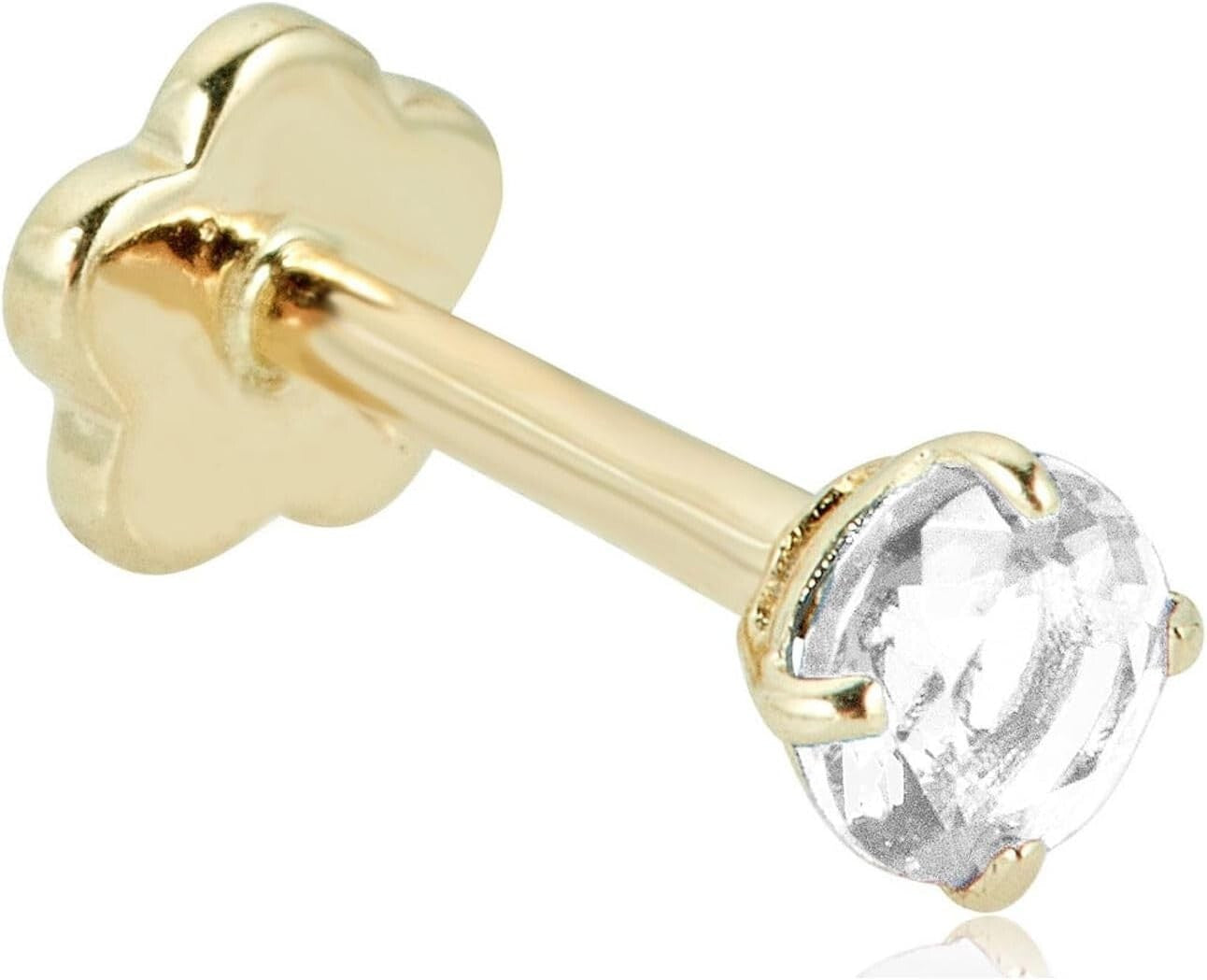 14K Gold Hypoallergenic Flat Back Cartilage Piercing with 3mm Simulated Diamond