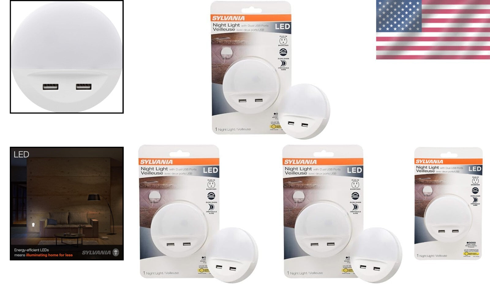 Sylvania LED Night Light 3-Pack: Dusk to Dawn with Dual USB Ports, Warm White