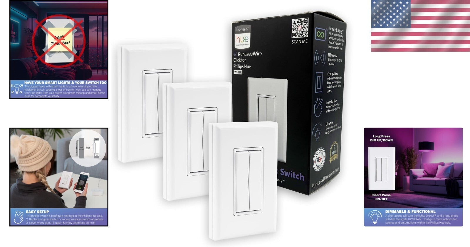 Customizable Philips Hue Battery-Free Dimming Switch - 3 Pack, Variety of Colors