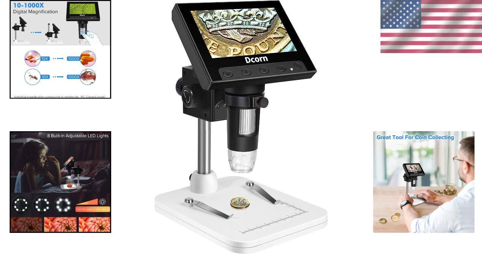 10X-1000X Digital Microscope with 4.3" LCD for Coin Collection & Observation