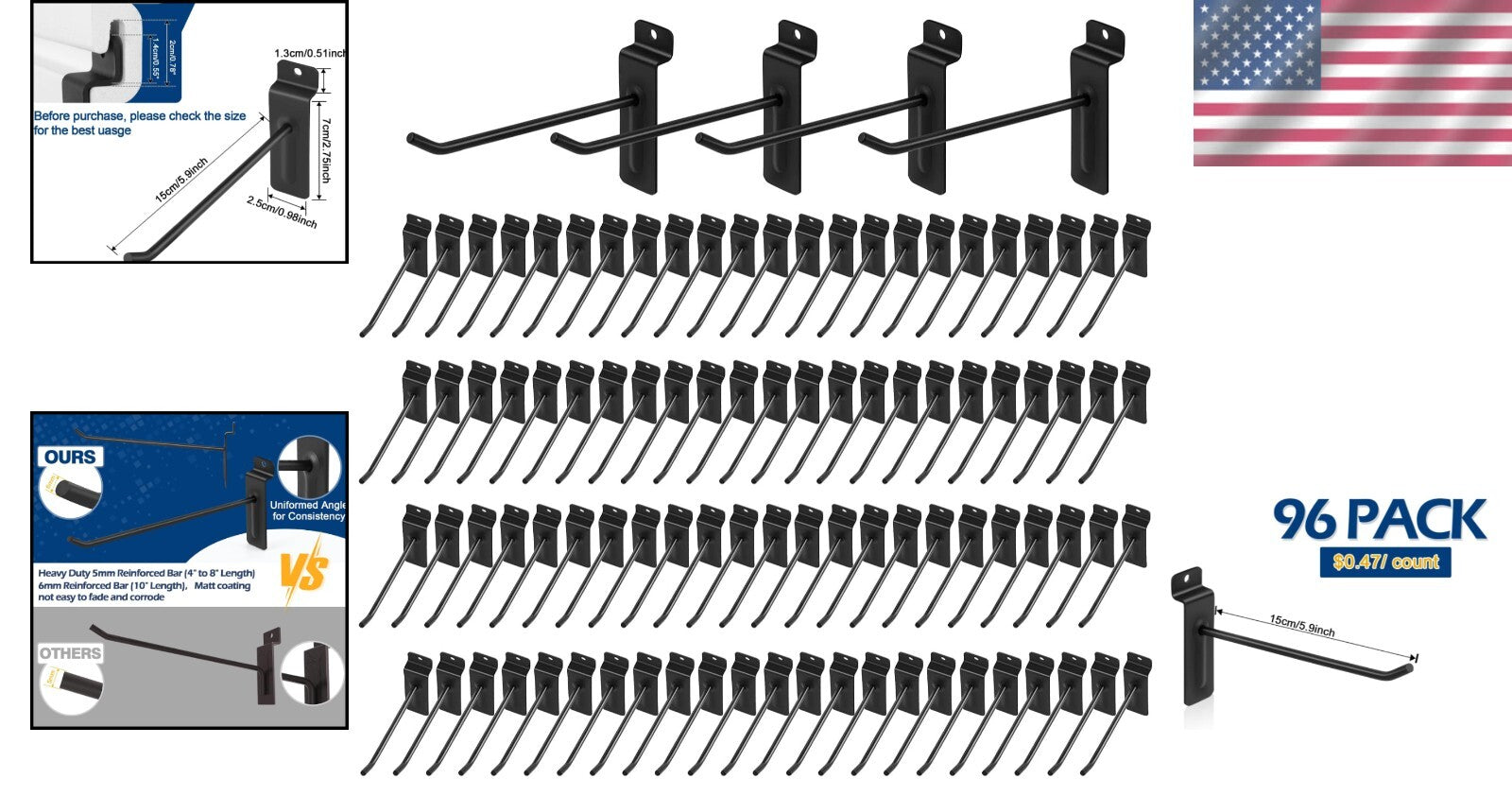 6-Inch Matte Black Slatwall Hooks - 96 Heavy Duty Hooks for Durable Organization