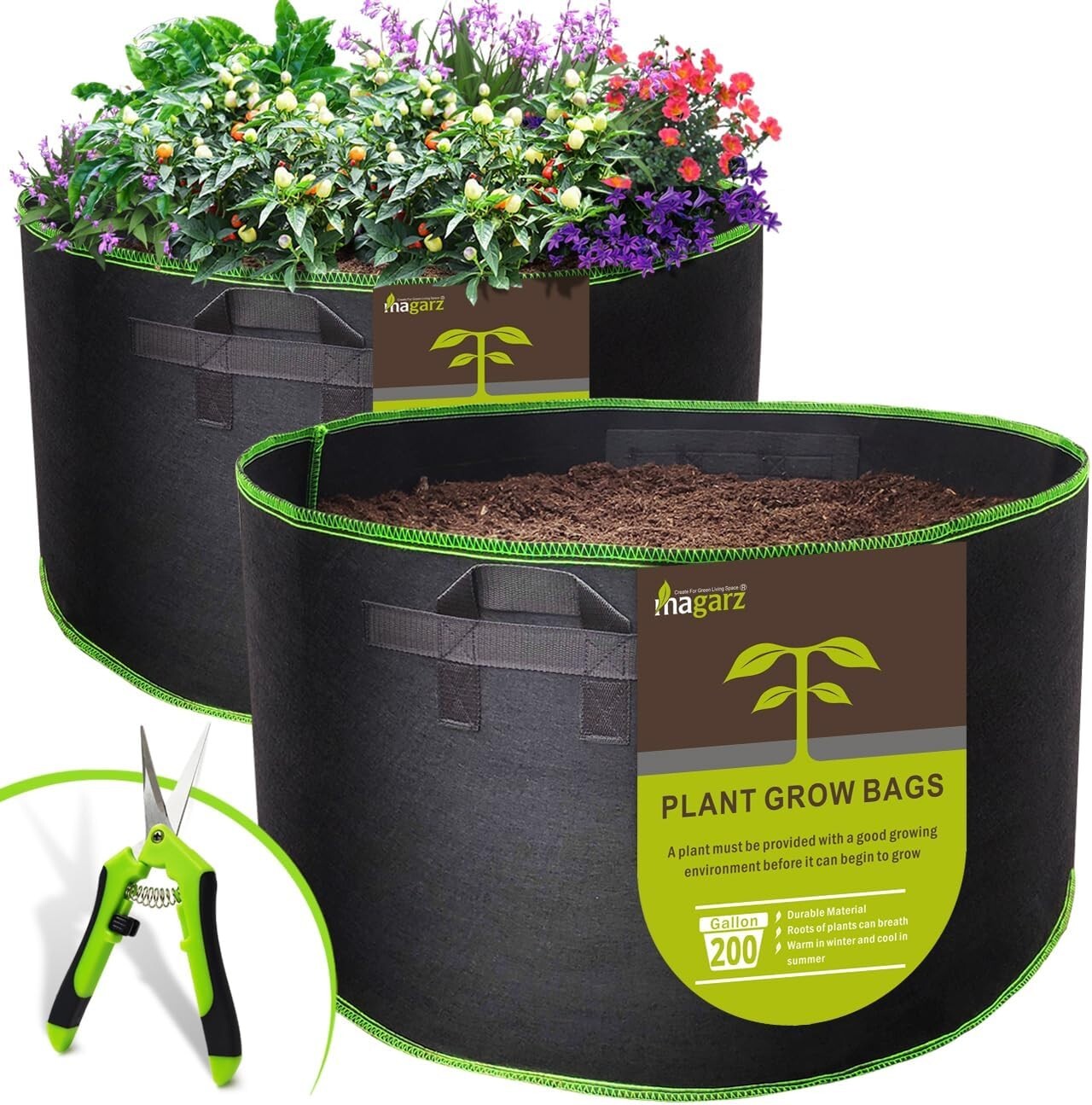 2-Pack 200 Gallon Weather-Resistant Fabric Flower Pots with Handles - Black