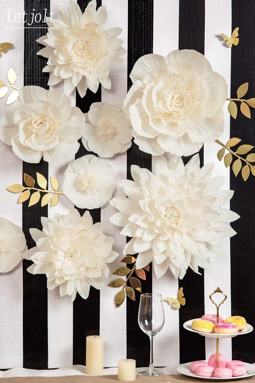 8PC White Paper Flowers with Gold Leaves & Butterflies - Perfect for Weddings