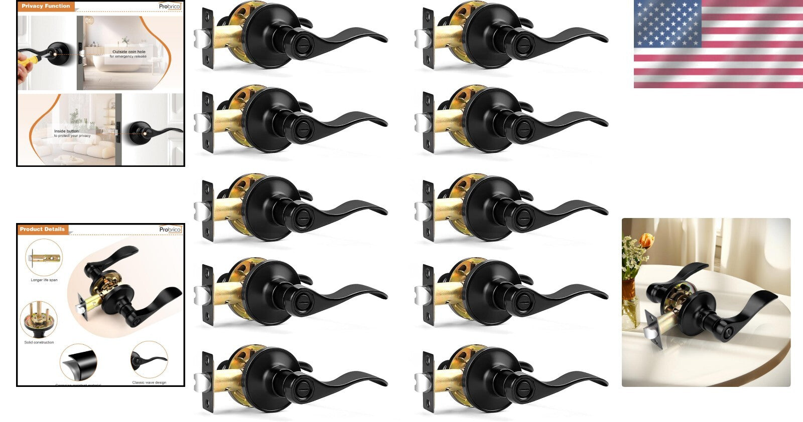 Elegant Matte Black Keyless Door Levers - 10 Pack for Stylish Privacy Solutions