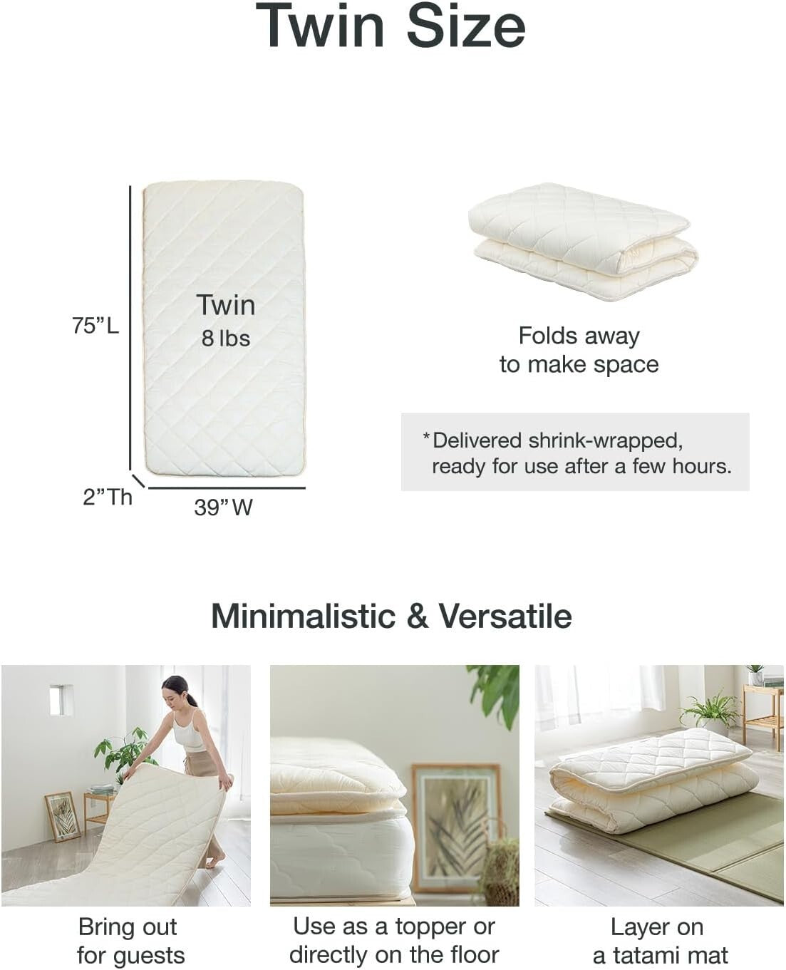 Lightweight Japanese Floor Mattress - Twin Size, Compact and Versatile Utility