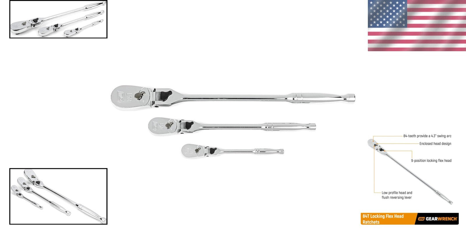 Durable Polished Chrome 3-Piece Locking Flex Ratchet Set - 84 Tooth Design