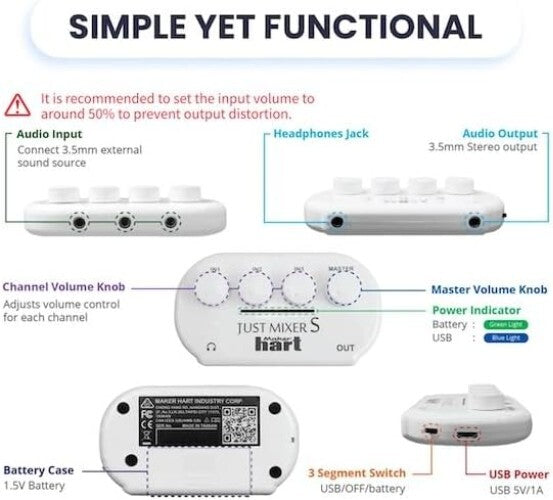 JUST Mixer S Portable 3-Channel Mini Audio Mixer - Battery & USB Powered