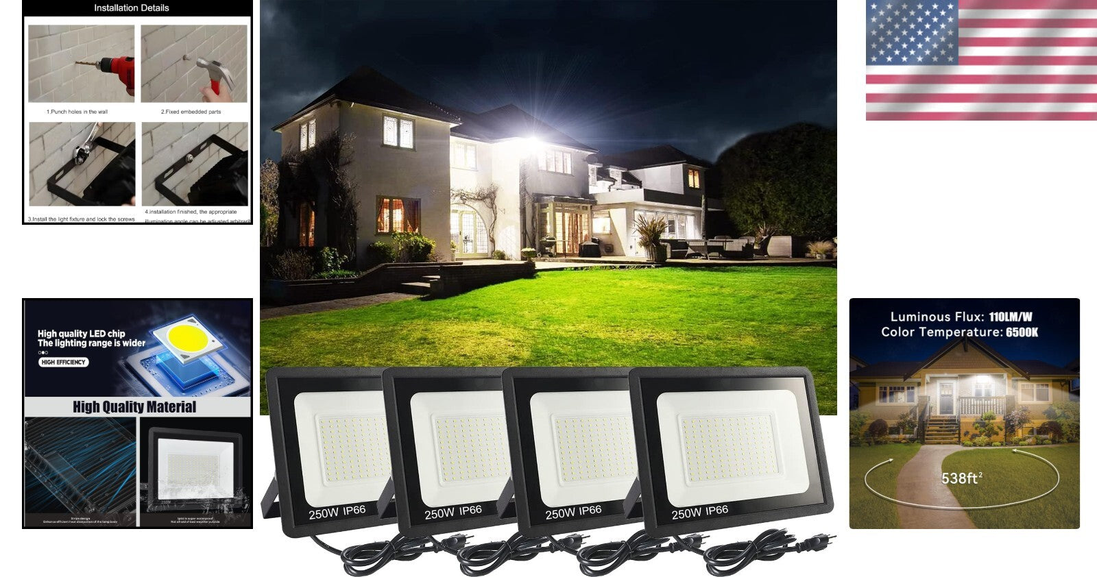 Versatile 4-Pack 250W Outdoor LED Work Lights - Waterproof with Adjustable Mount