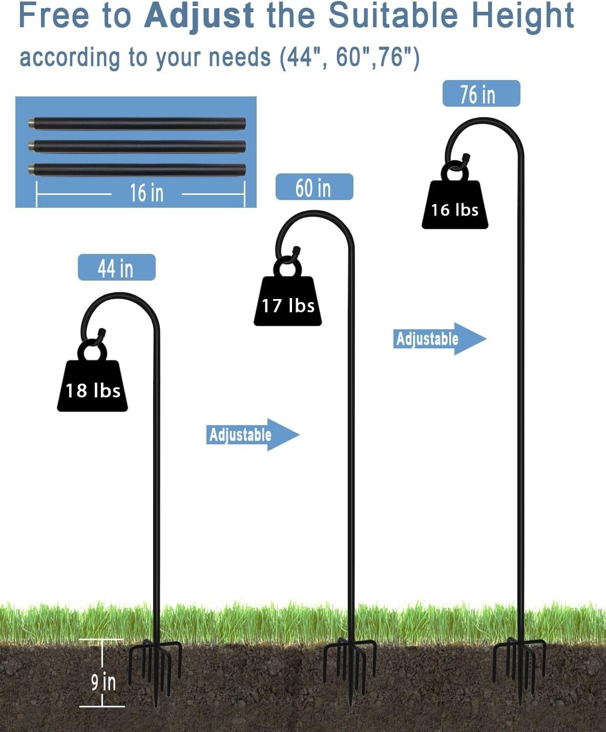 Matte Black 76" Shepherd Hook with 5 Prongs - Sturdy Hanger for Outdoor Decor