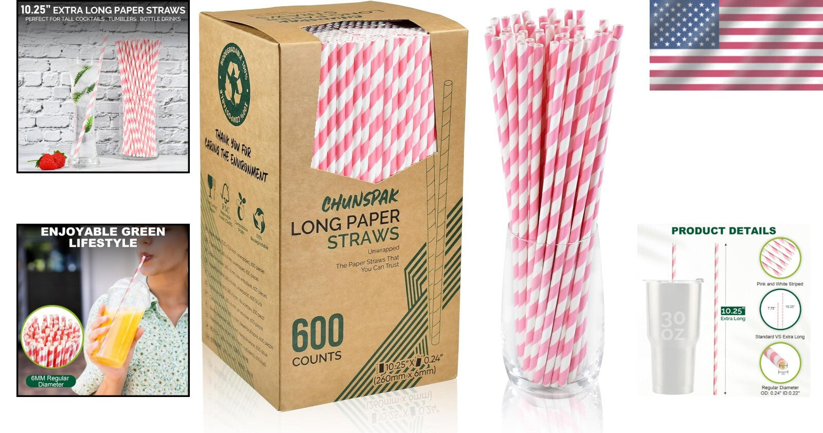 10.25" Pink & White Striped Disposable Paper Straws - 600 Count, Biodegradable