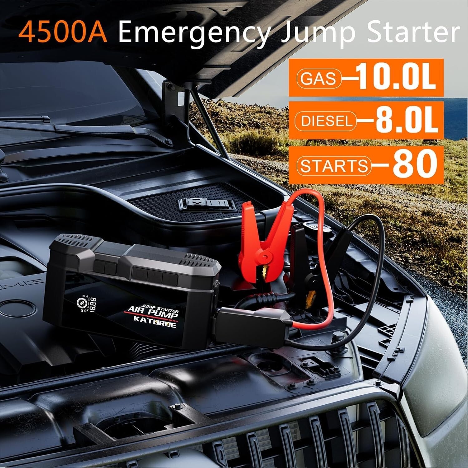 Multi-Function 4500A Portable Jump Starter and Tire Inflator for All Vehicles