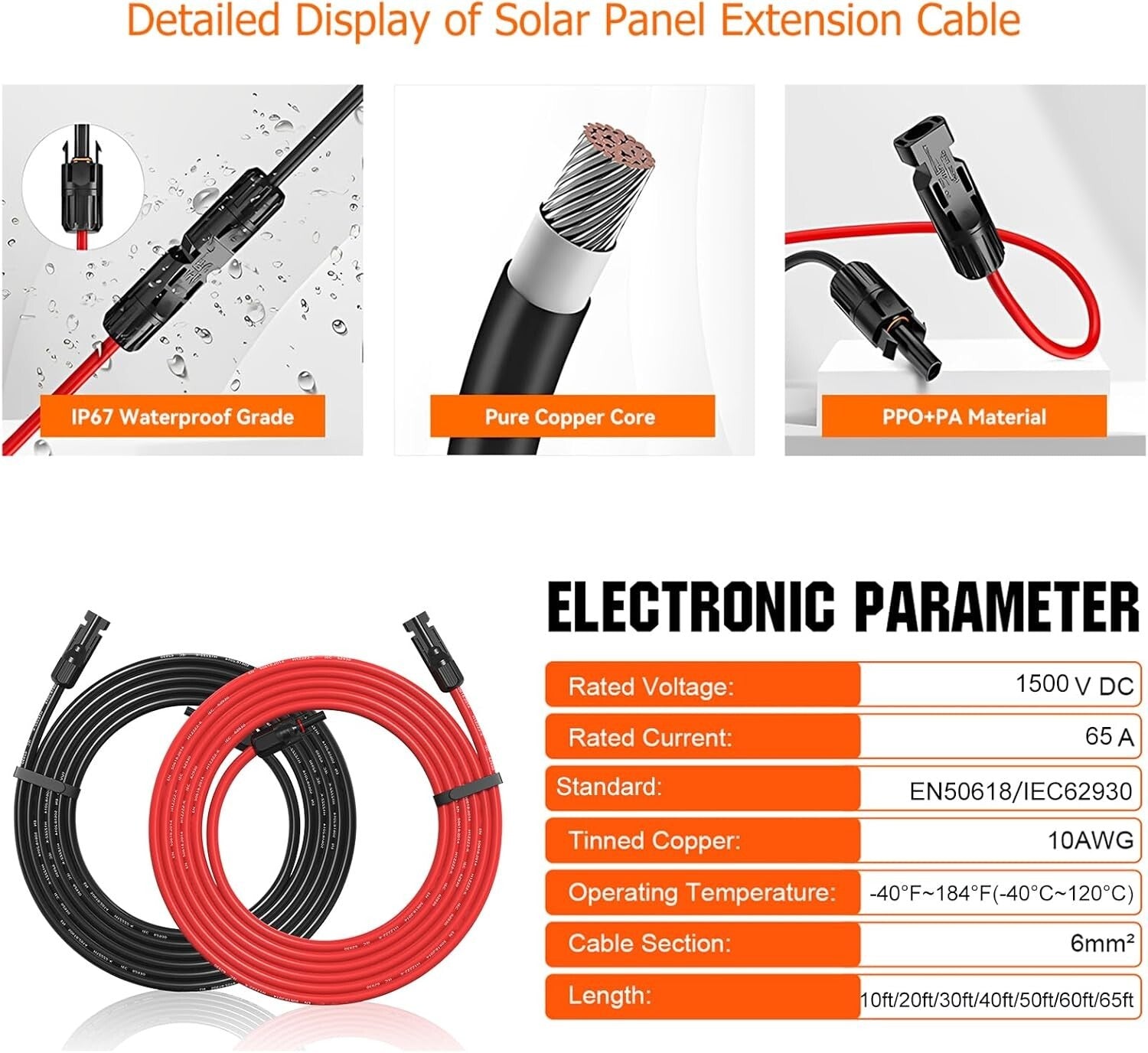 10AWG Solar Extension Cable 50Ft with Universal Connectors - Weatherproof Design
