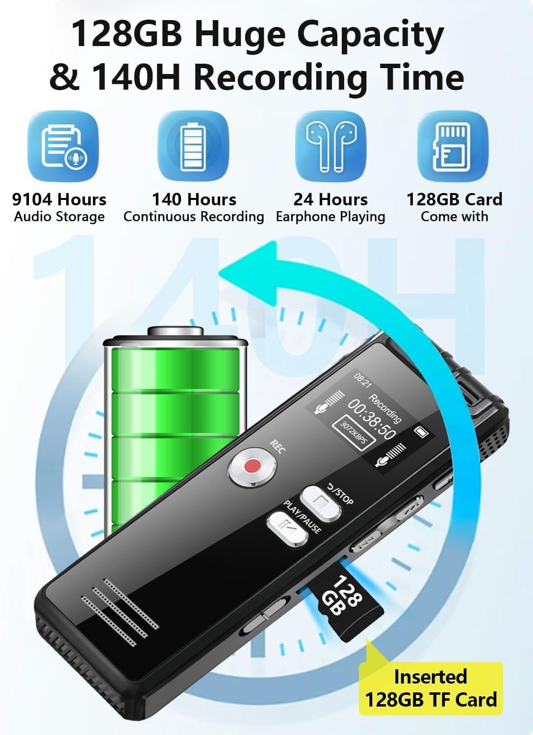 Compact HD Digital Voice Recorder - 128GB, Voice-Activated with 3072kbps Quality