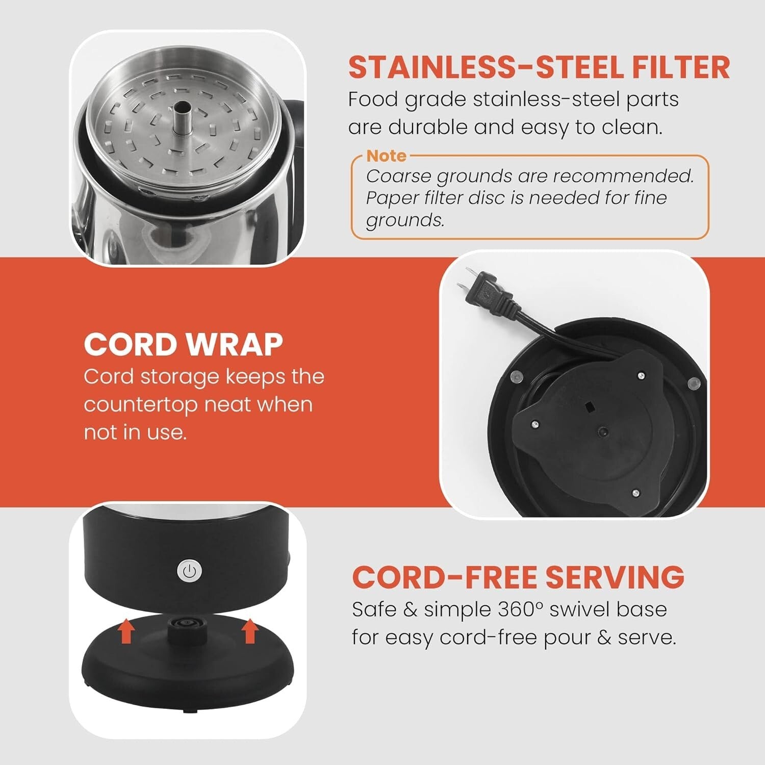 Elegant 12-Cup Stainless Steel Coffee Percolator with Cordless Serving